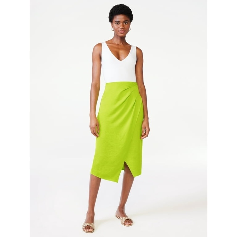 Scoop Acid Lime Satin Faux Wrap Midi Skirt XXL Neon Green Slit Sold Out Online